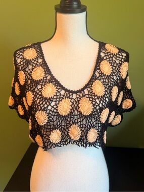 Crochet Floral Overlay Top - Black with Peach Accents